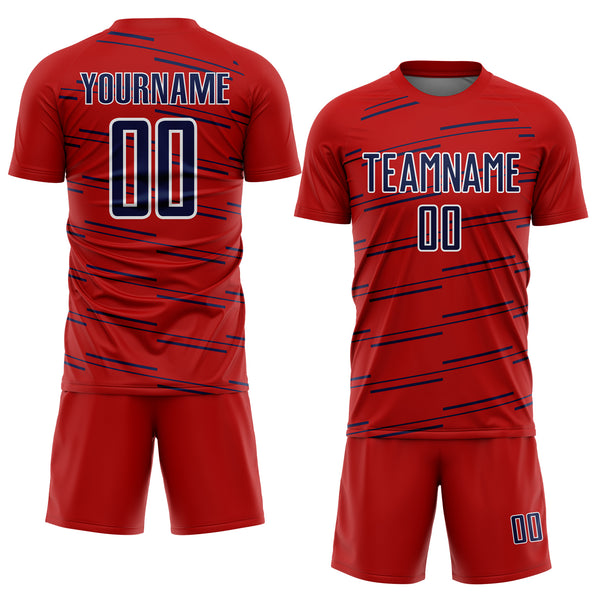 Custom Red Navy-White Diagonal Pinstripes Lines Sports Sublimation Soccer Uniform Jersey