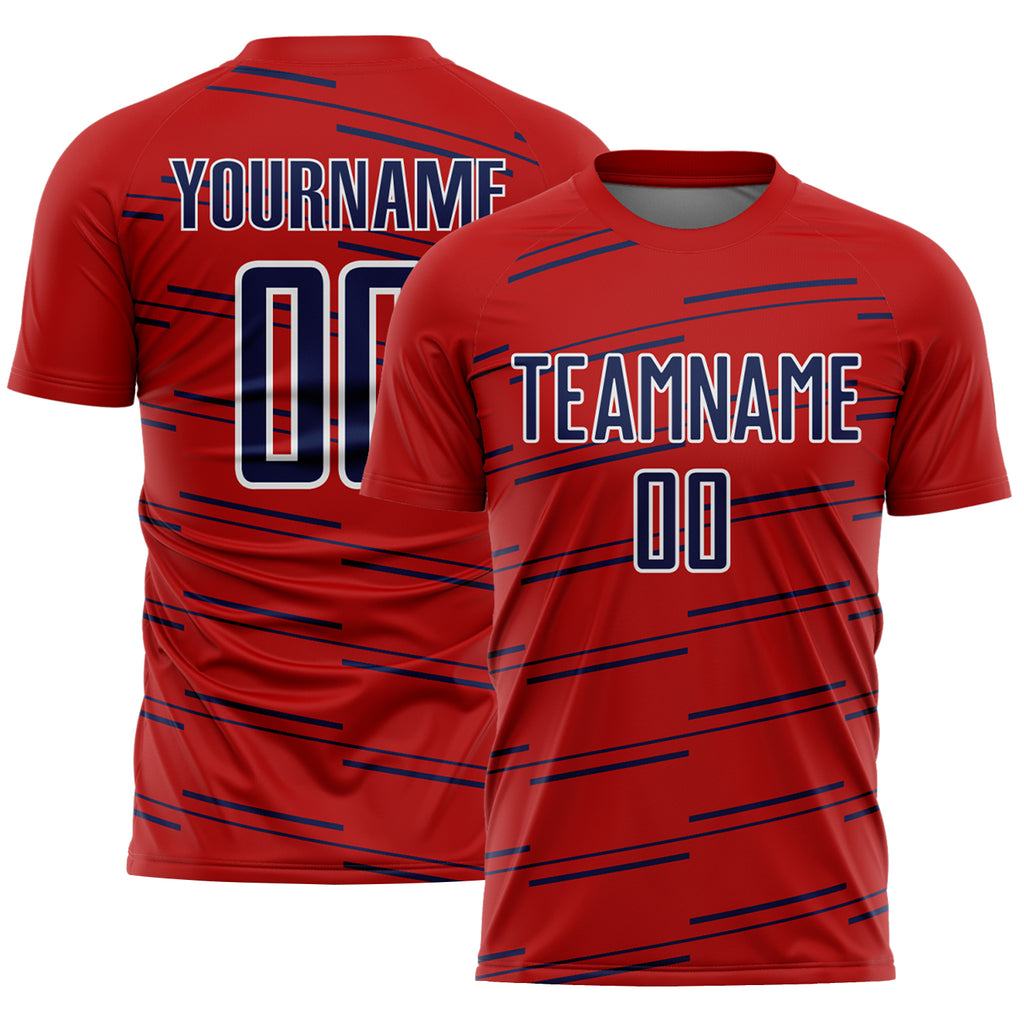 Custom Red Navy-White Diagonal Pinstripes Lines Sports Sublimation Soccer Uniform Jersey