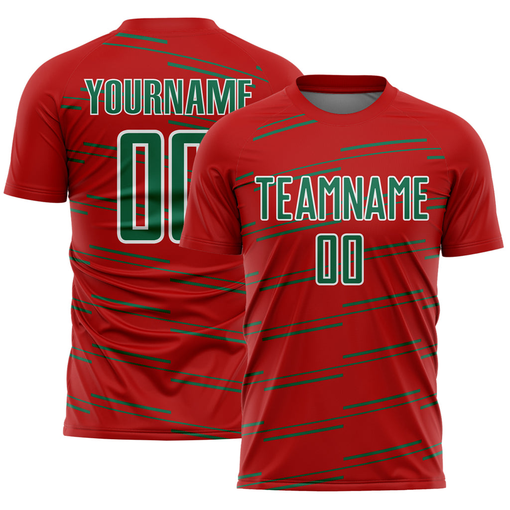 Custom Red Kelly Green-White Diagonal Pinstripes Lines Sports Sublimation Soccer Uniform Jersey