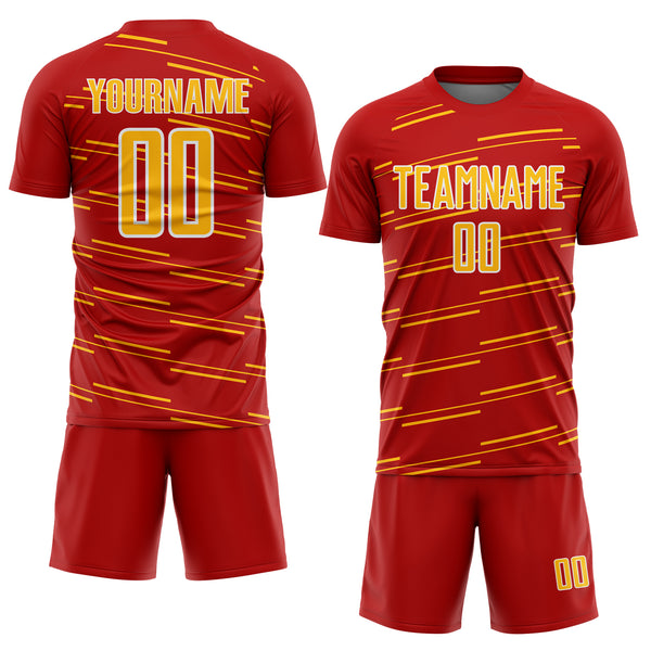 Custom Red Gold-White Diagonal Pinstripes Lines Sports Sublimation Soccer Uniform Jersey