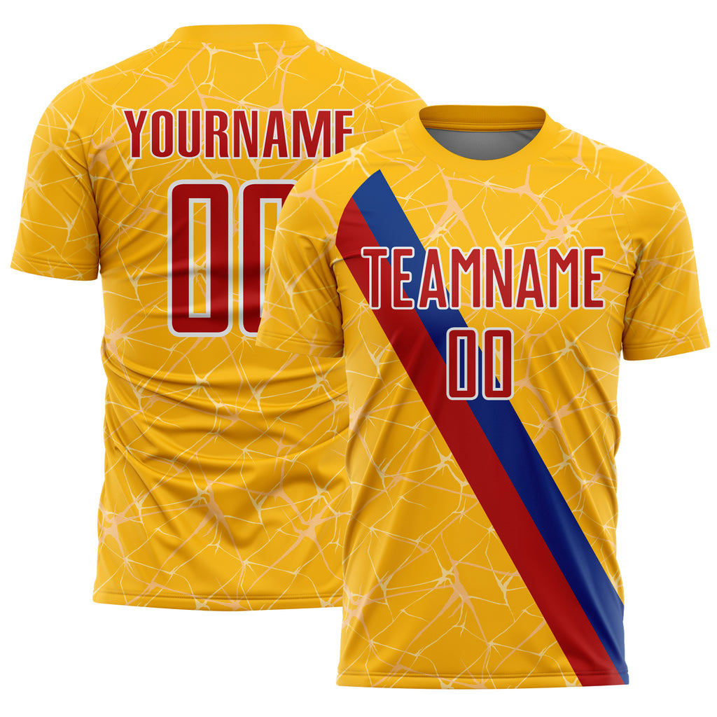 Custom Gold Red Blue-White Colombia Network Pattern Diagonal Stripe Sublimation Soccer Uniform Jersey