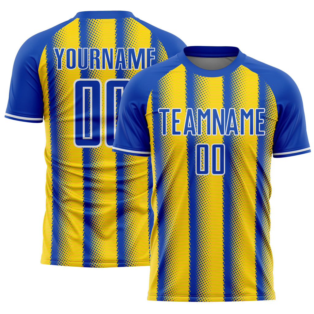 Custom Thunder Blue Light Yellow-White Colombia Vertical Stripes Halftone Dot Pattern Sublimation Soccer Uniform Jersey