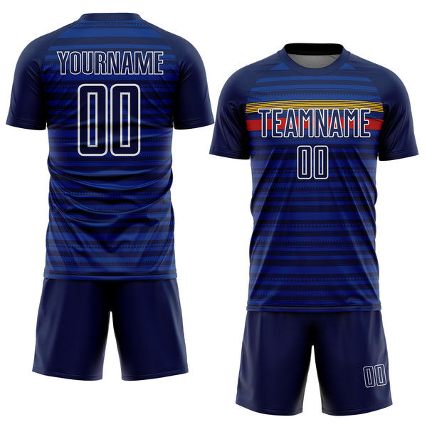 Custom Royal Navy Yellow-Red Colombia Horizontal Stripes Geometric Aztec Tribal Pattern Sublimation Soccer Uniform Jersey