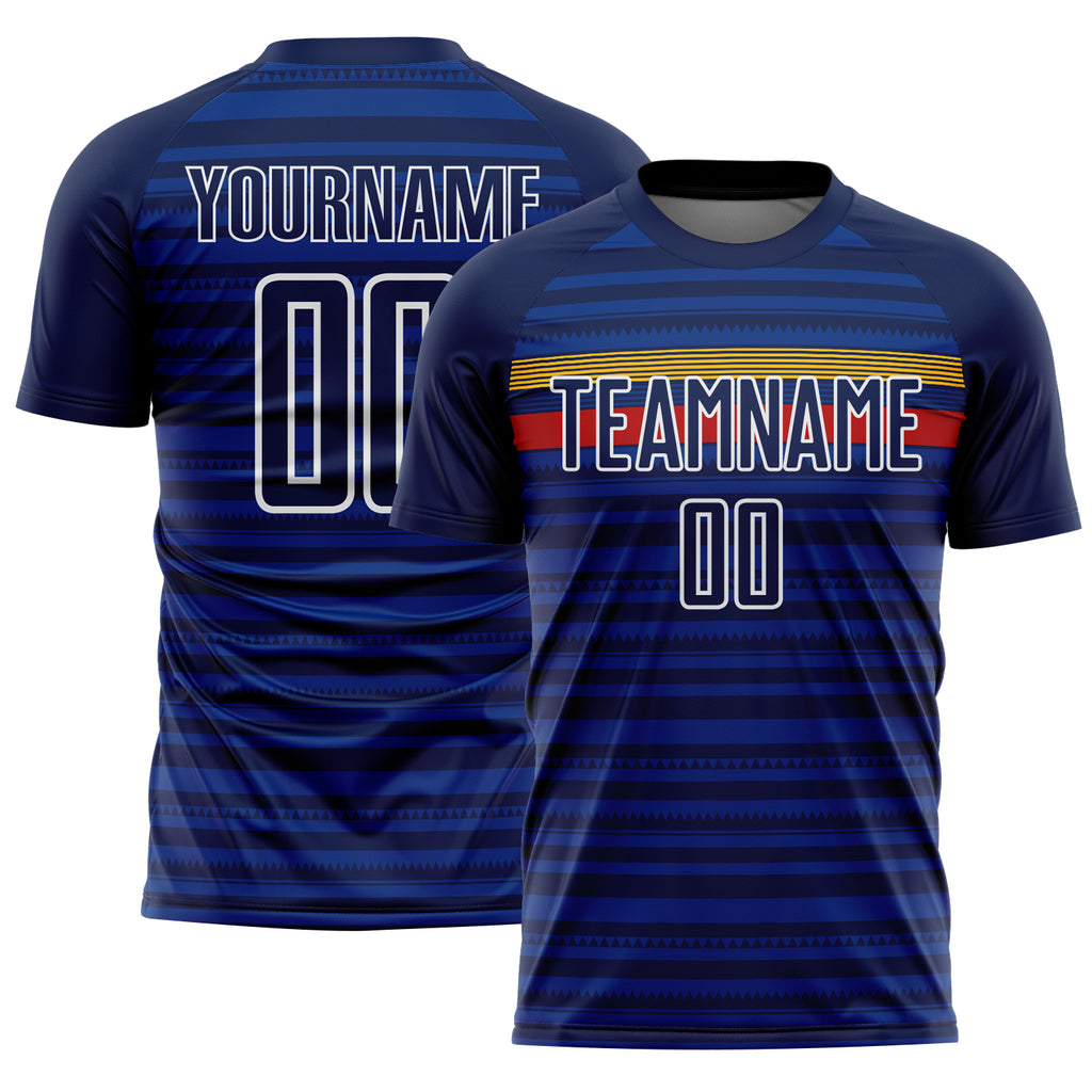 Custom Royal Navy Yellow-Red Colombia Horizontal Stripes Geometric Aztec Tribal Pattern Sublimation Soccer Uniform Jersey