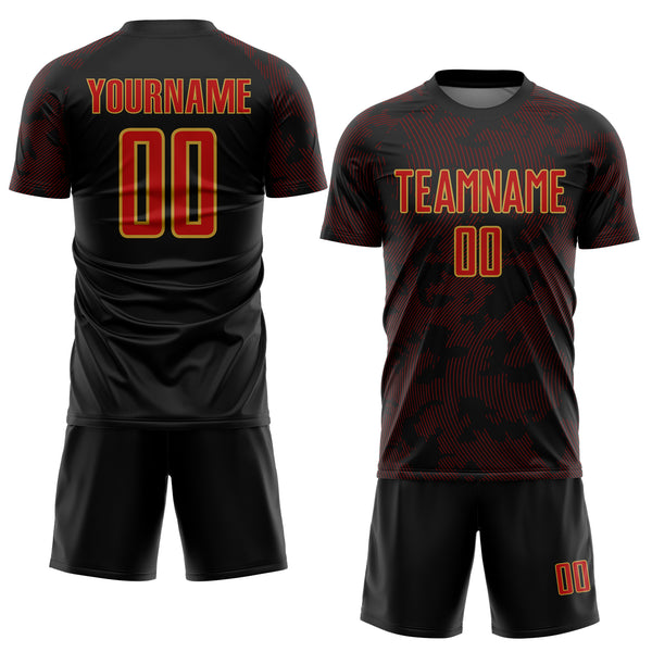 Custom Black Red-Old Gold Curve Lines Sublimation Soccer Uniform Jersey