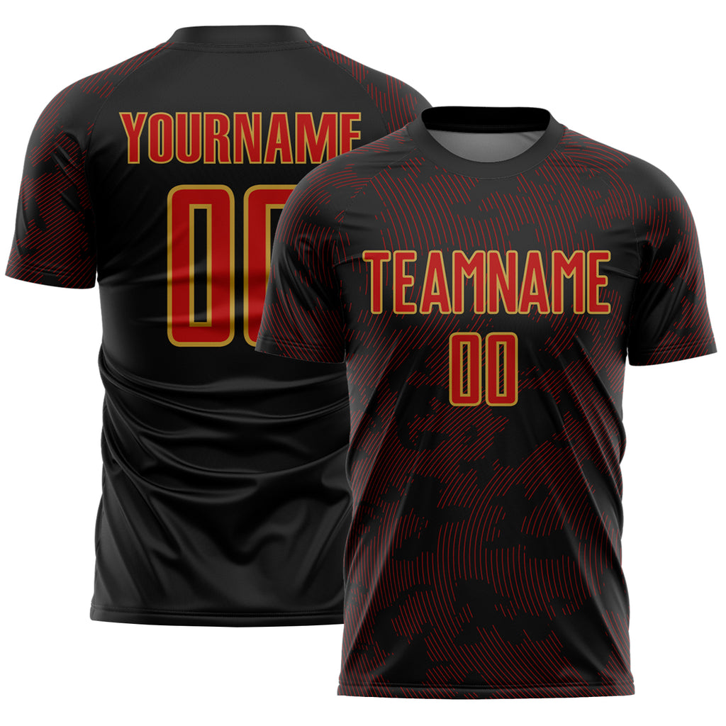 Custom Black Red-Old Gold Curve Lines Sublimation Soccer Uniform Jersey