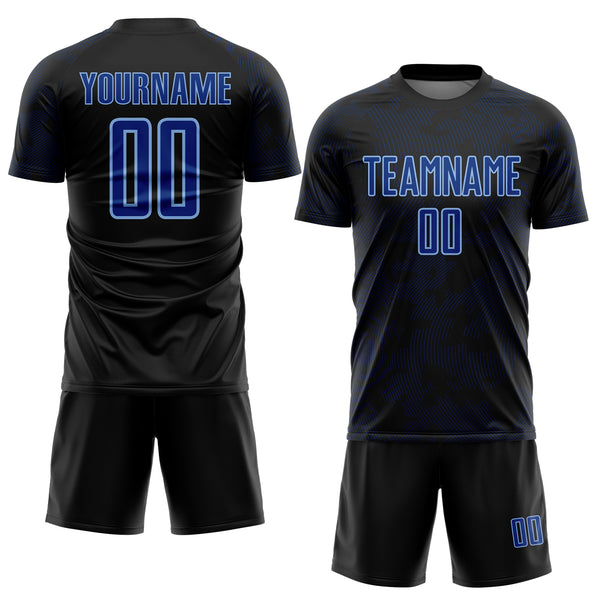 Custom Black Royal-Light Blue Curve Lines Sublimation Soccer Uniform Jersey
