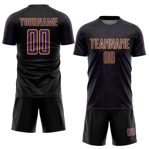 Custom Black Purple-Yellow Curve Lines Sublimation Soccer Uniform Jersey