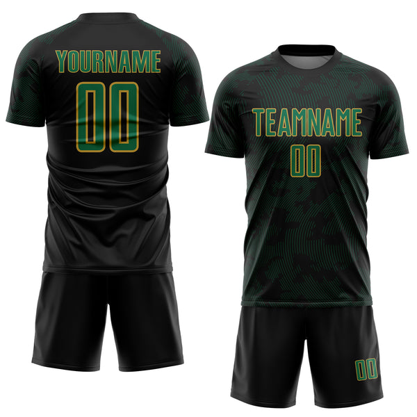 Custom Black Kelly Green-Old Gold Curve Lines Sublimation Soccer Uniform Jersey