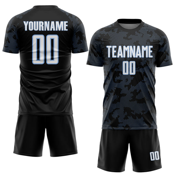 Custom Black White-Light Blue Curve Lines Sublimation Soccer Uniform Jersey