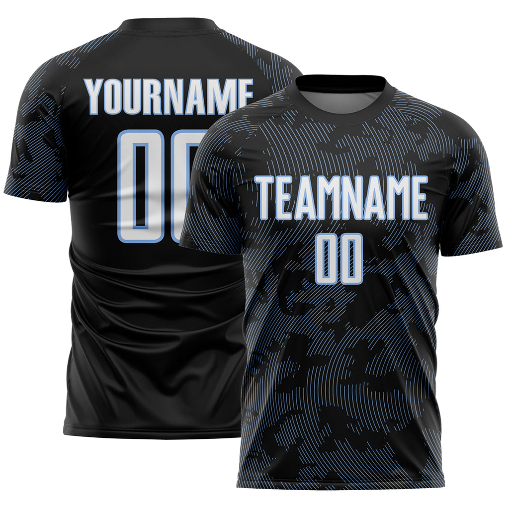 Custom Black White-Light Blue Curve Lines Sublimation Soccer Uniform Jersey