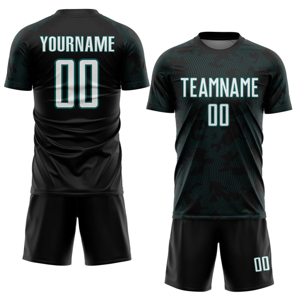 Custom Black White-Teal Curve Lines Sublimation Soccer Uniform Jersey