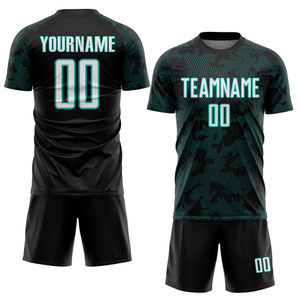 Custom Black White-Aqua Curve Lines Sublimation Soccer Uniform Jersey
