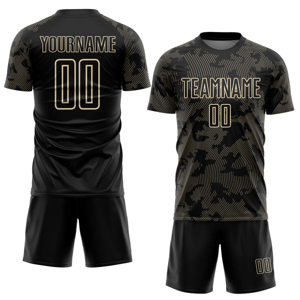 Custom Black-Cream Curve Lines Sublimation Soccer Uniform Jersey