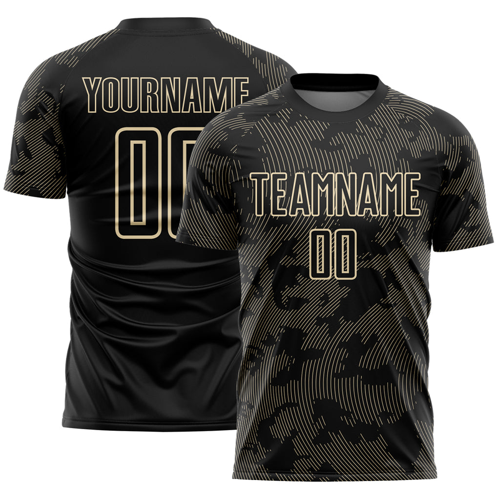 Custom Black-Cream Curve Lines Sublimation Soccer Uniform Jersey