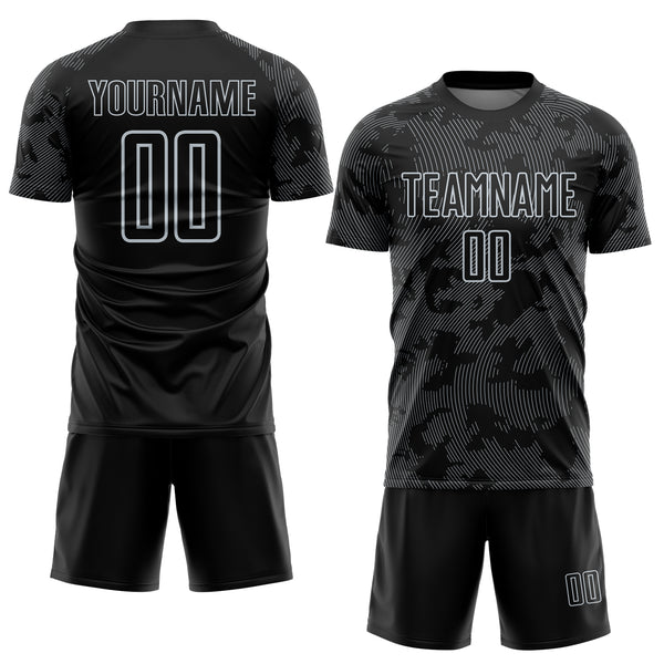 Custom Black-Silver Curve Lines Sublimation Soccer Uniform Jersey