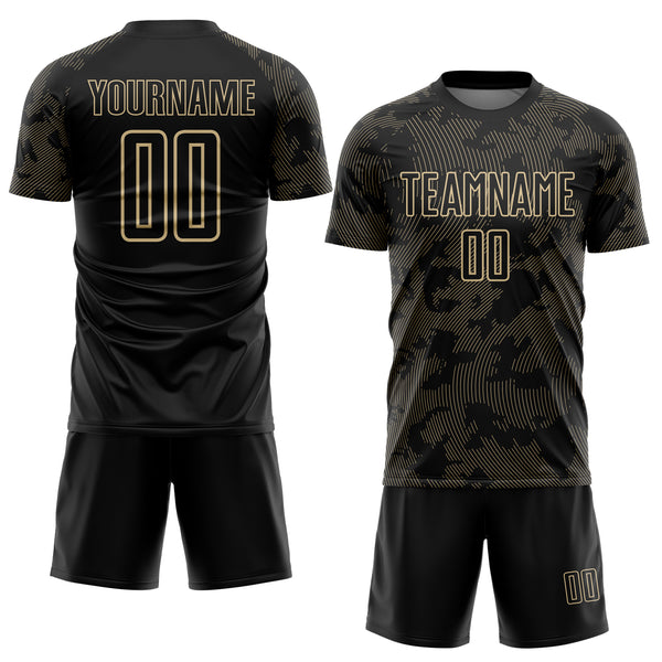 Custom Black-Vegas Gold Curve Lines Sublimation Soccer Uniform Jersey
