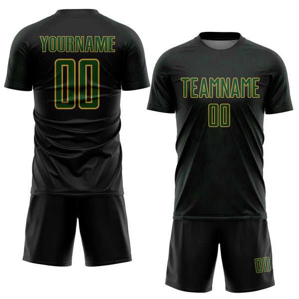 Custom Black Green-Old Gold Curve Lines Sublimation Soccer Uniform Jersey