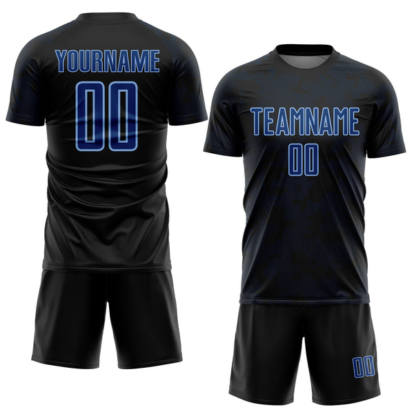Custom Black US Navy Blue-Light Blue Curve Lines Sublimation Soccer Uniform Jersey