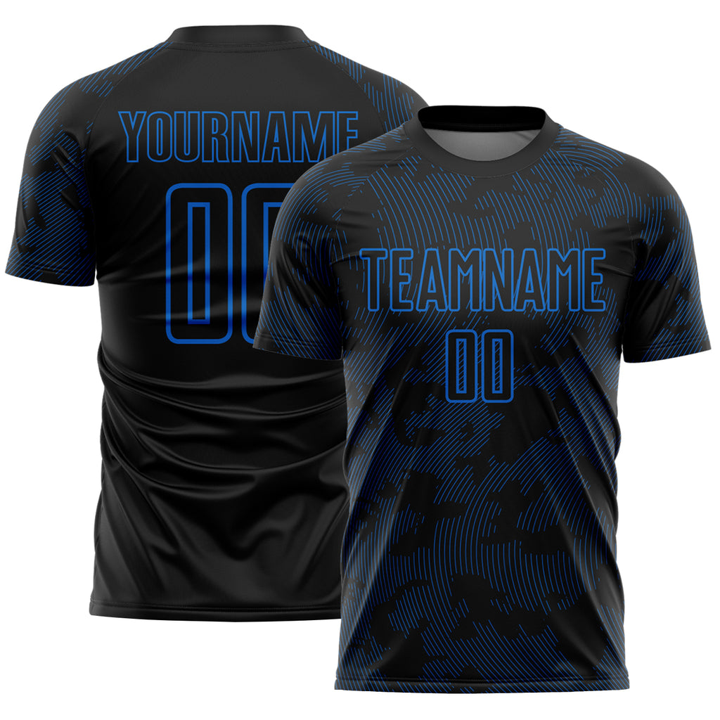 Custom Black-Blue Curve Lines Sublimation Soccer Uniform Jersey