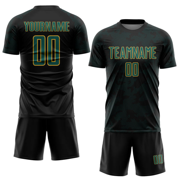 Custom Black Midnight Green-Old Gold Curve Lines Sublimation Soccer Uniform Jersey