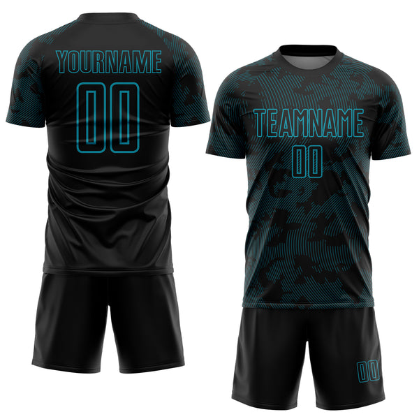 Custom Black-Teal Curve Lines Sublimation Soccer Uniform Jersey