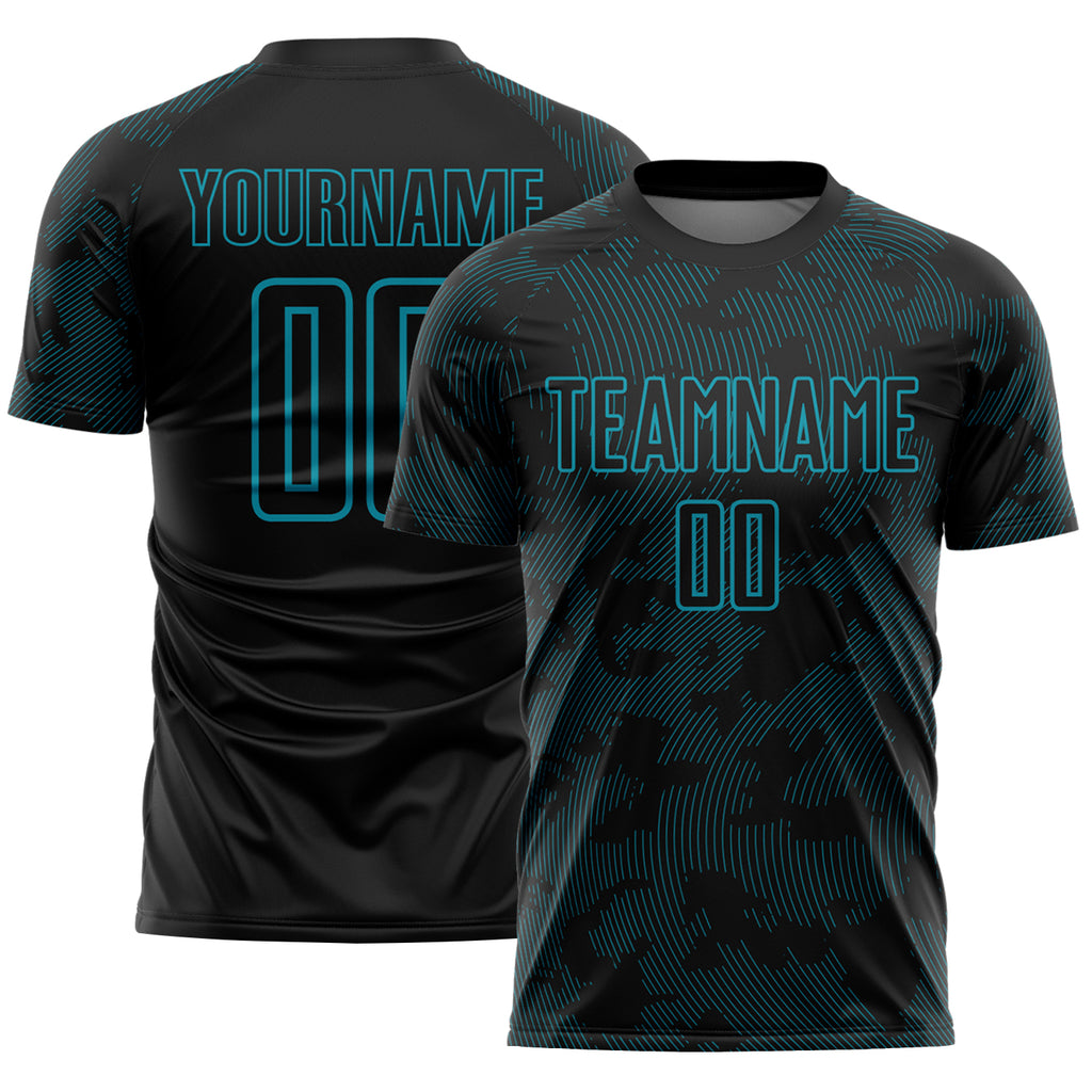 Custom Black-Teal Curve Lines Sublimation Soccer Uniform Jersey