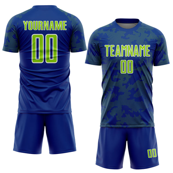 Custom Royal Neon Green-White Curve Lines Sublimation Soccer Uniform Jersey