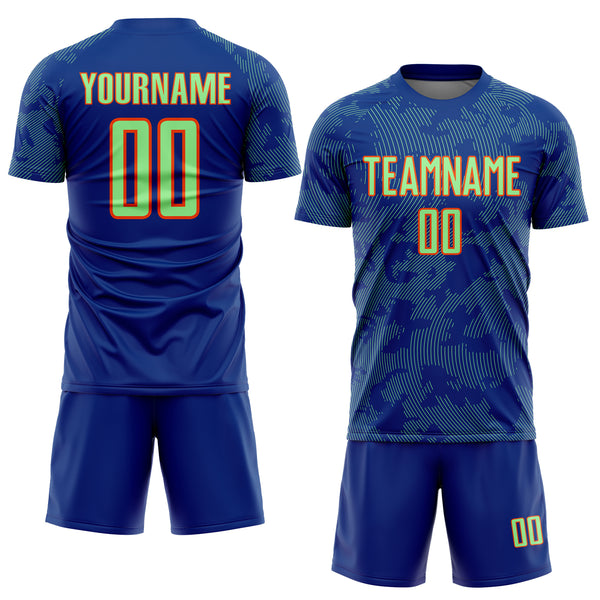 Custom Royal Pea Green-Orange Curve Lines Sublimation Soccer Uniform Jersey