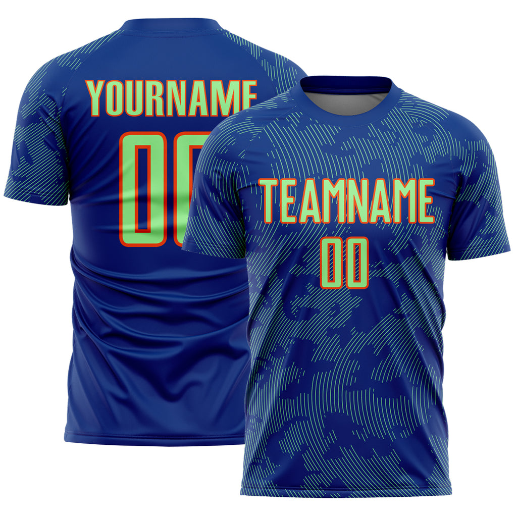 Custom Royal Pea Green-Orange Curve Lines Sublimation Soccer Uniform Jersey