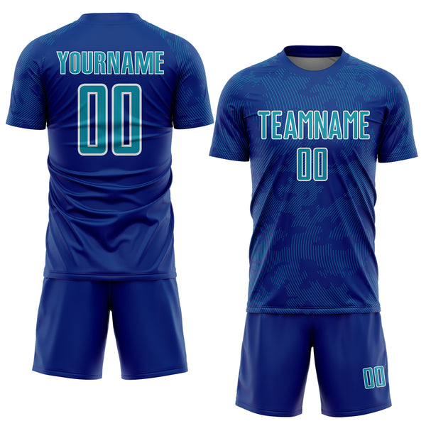 Custom Royal Teal-White Curve Lines Sublimation Soccer Uniform Jersey