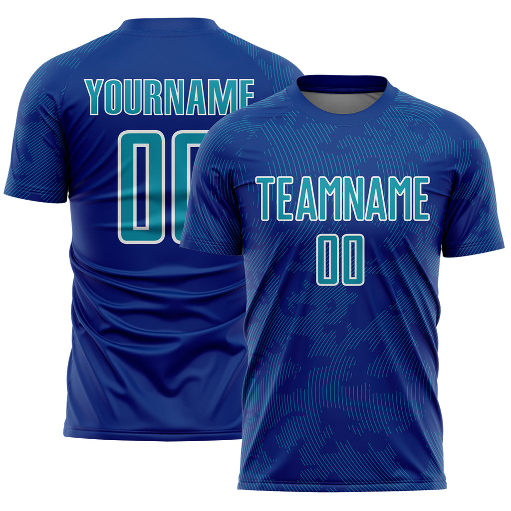 Custom Royal Teal-White Curve Lines Sublimation Soccer Uniform Jersey