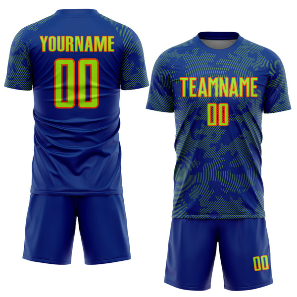 Custom Royal Neon Green-Orange Curve Lines Sublimation Soccer Uniform Jersey