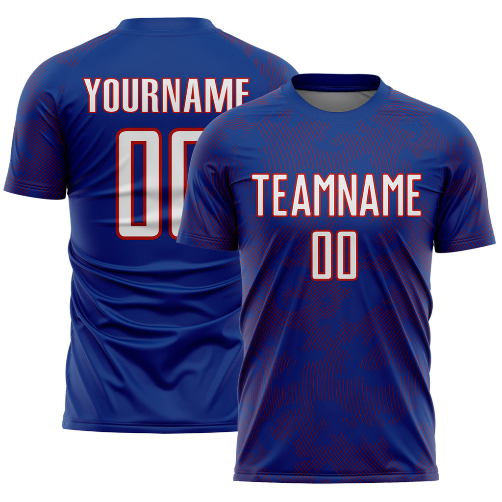 Custom Royal White-Red Curve Lines Sublimation Soccer Uniform Jersey