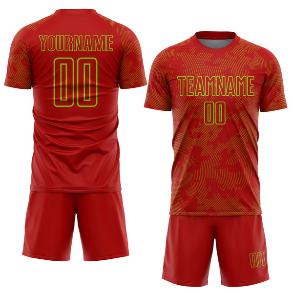 Custom Red-Neon Green Curve Lines Sublimation Soccer Uniform Jersey