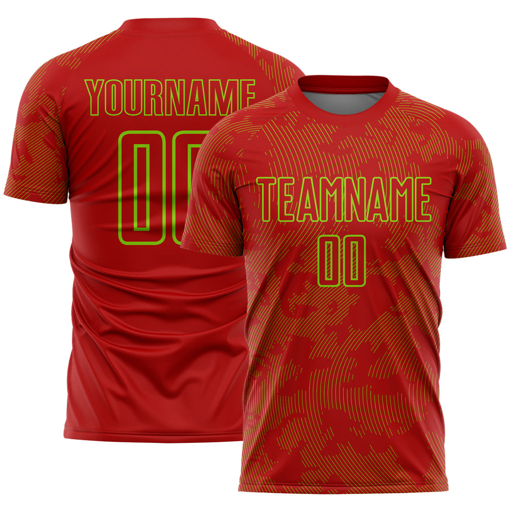 Custom Red-Neon Green Curve Lines Sublimation Soccer Uniform Jersey