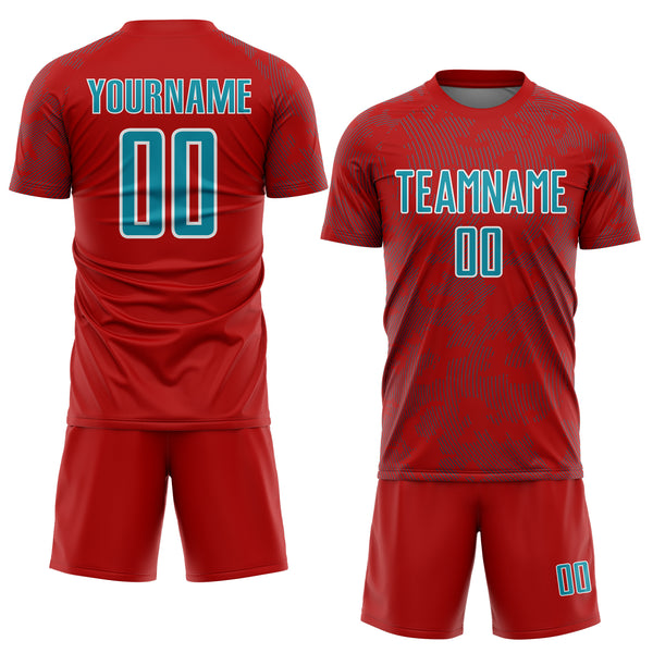 Custom Red Teal-White Curve Lines Sublimation Soccer Uniform Jersey