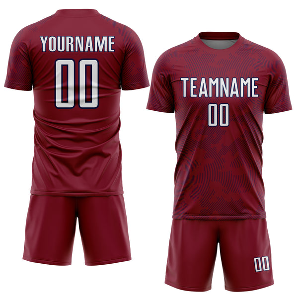Custom Crimson White-Navy Curve Lines Sublimation Soccer Uniform Jersey