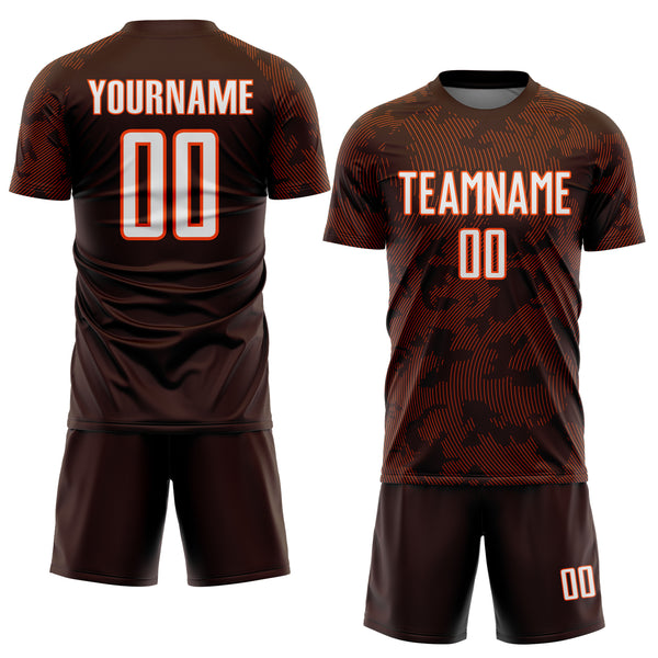 Custom Brown White-Orange Curve Lines Sublimation Soccer Uniform Jersey
