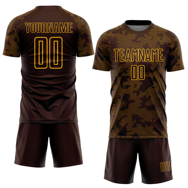 Custom Brown-Gold Curve Lines Sublimation Soccer Uniform Jersey