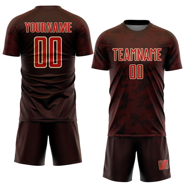 Custom Brown Red-Cream Curve Lines Sublimation Soccer Uniform Jersey