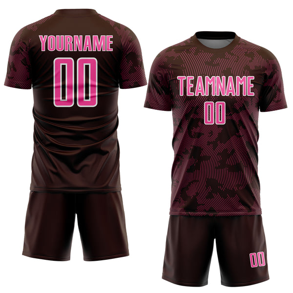 Custom Brown Pink-White Curve Lines Sublimation Soccer Uniform Jersey