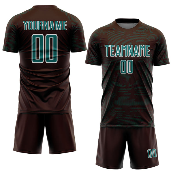 Custom Brown Teal-White Curve Lines Sublimation Soccer Uniform Jersey
