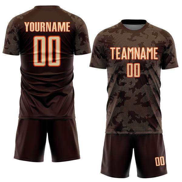 Custom Brown Cream-Orange Curve Lines Sublimation Soccer Uniform Jersey