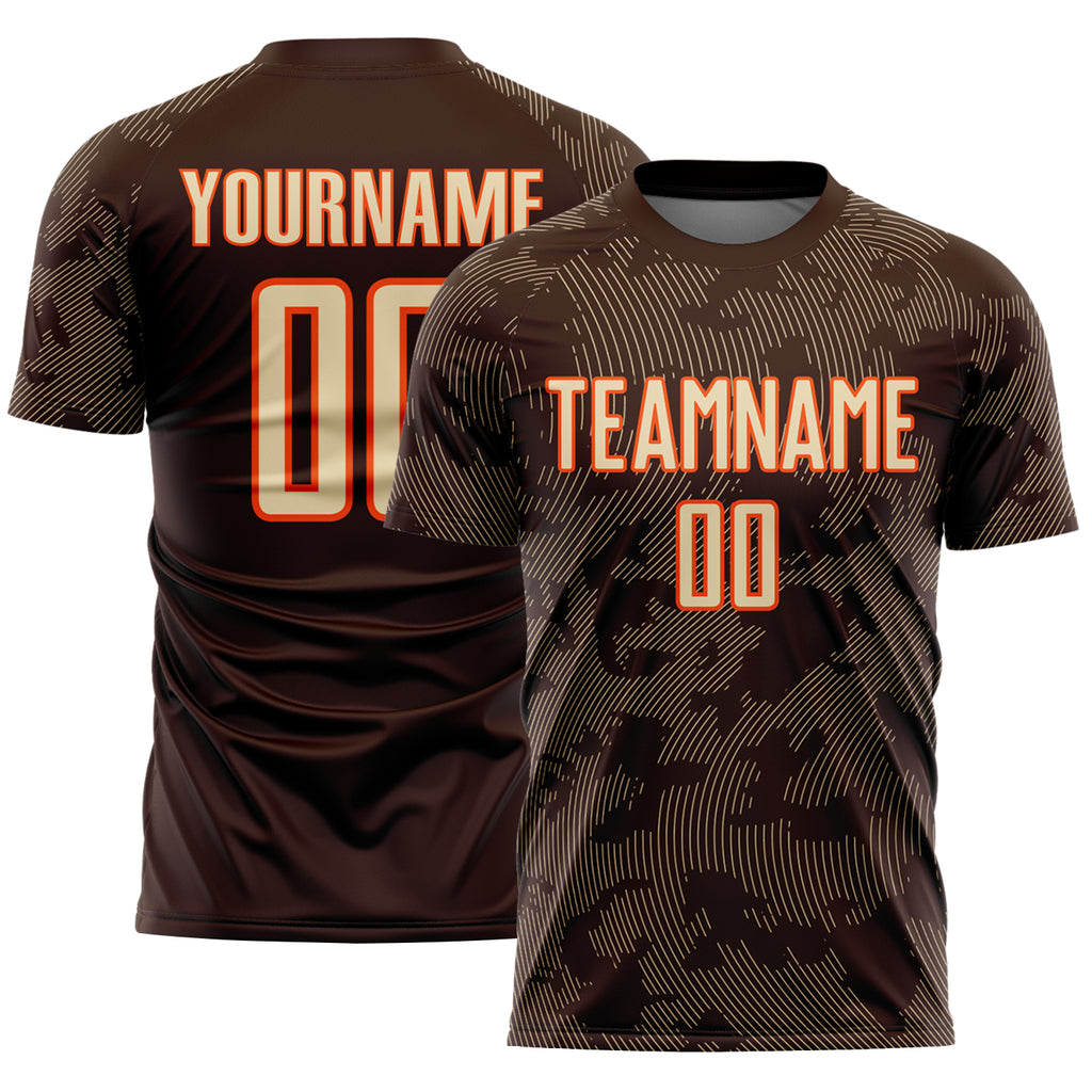 Custom Brown Cream-Orange Curve Lines Sublimation Soccer Uniform Jersey