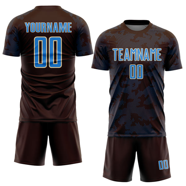 Custom Brown Powder Blue-Cream Curve Lines Sublimation Soccer Uniform Jersey