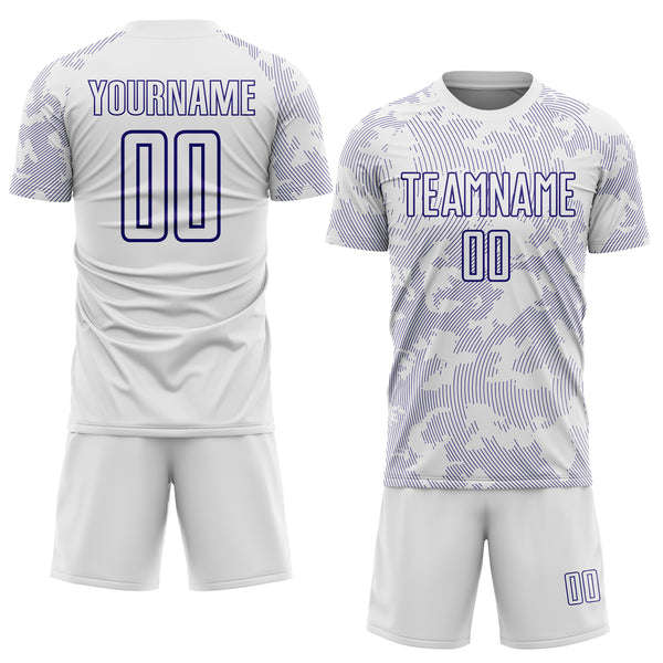 Custom White-Dark Purple Curve Lines Sublimation Soccer Uniform Jersey