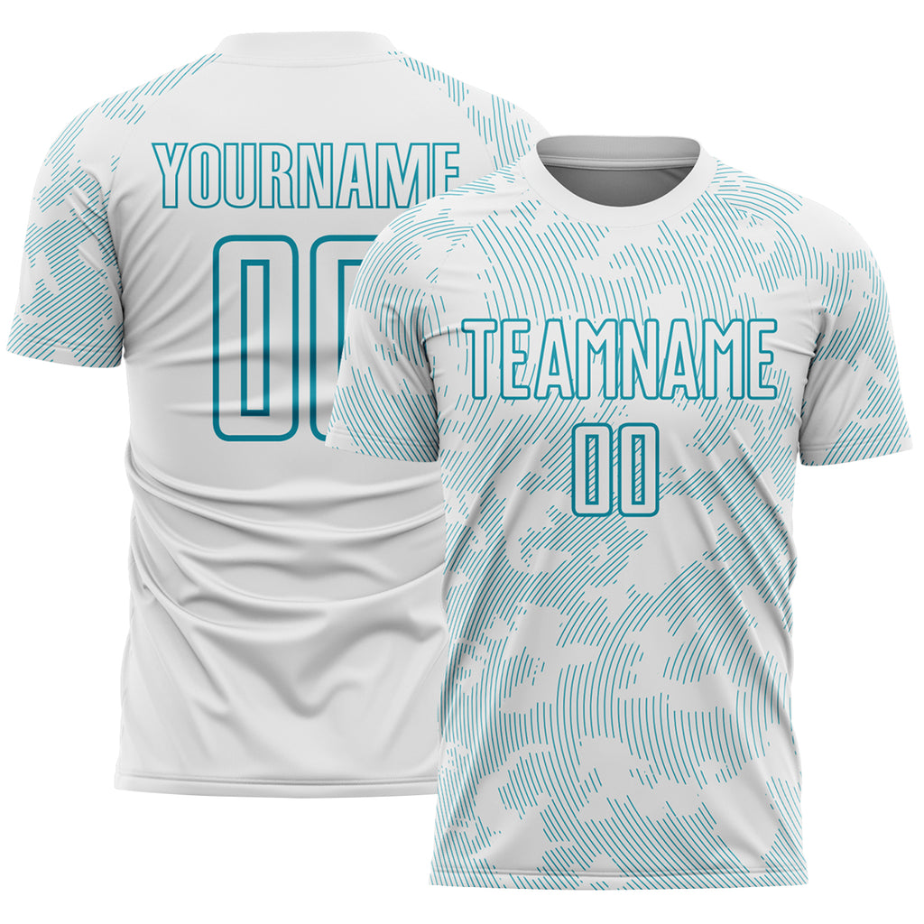 Custom White-Teal Curve Lines Sublimation Soccer Uniform Jersey