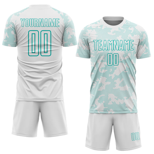 Custom White-Aqua Curve Lines Sublimation Soccer Uniform Jersey