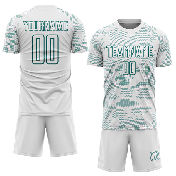 Custom White-Teal Curve Lines Sublimation Soccer Uniform Jersey